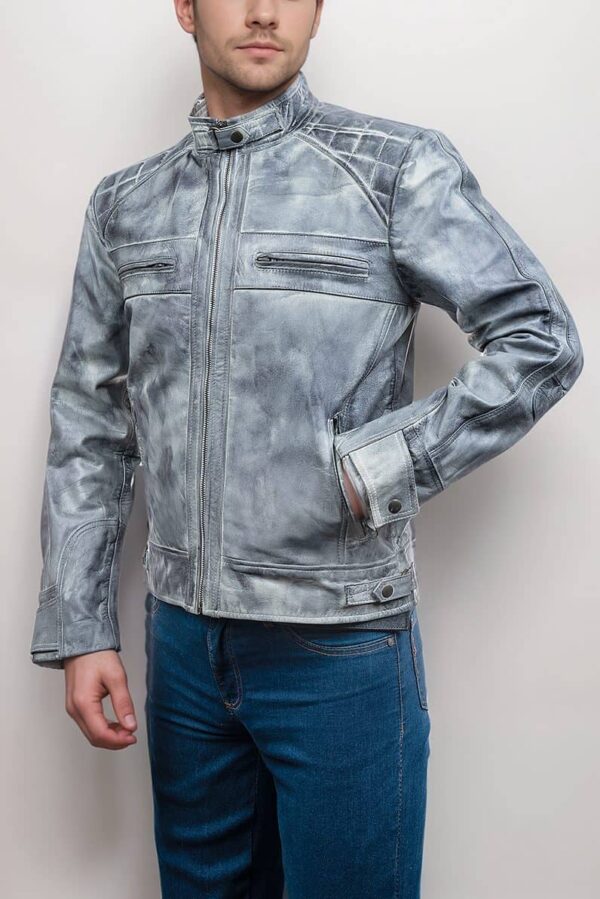 Mens Vintage Cafe Racer Retro Distressed Grey Jacket - Image 4