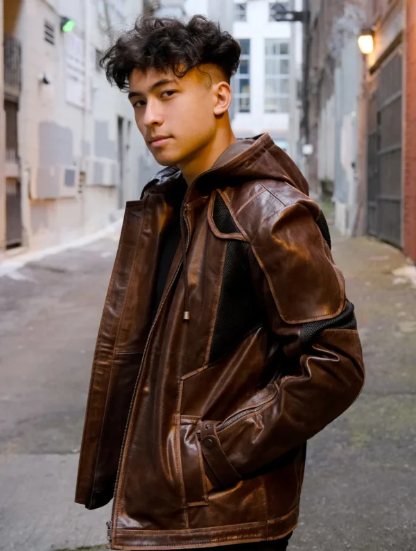 Brown Hooded Gavin Leather Jacket