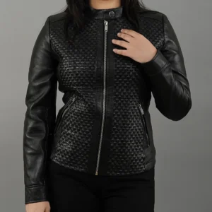 Womens Quilted Patterned Black Real Sheepskin Leather Jacket