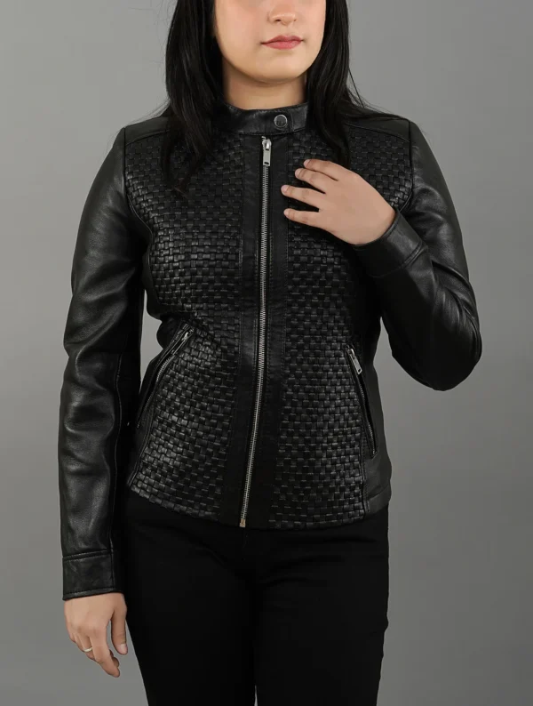Womens Quilted Patterned Black Real Sheepskin Leather Jacket