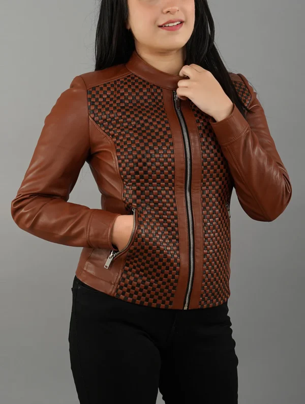 Womens Quilted Patterned Brown Real Sheepskin Leather Jacket
