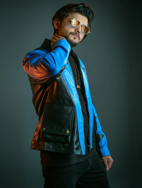 Mens Logan Blue and Black Leather Jacket