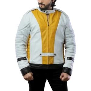 Mens White and Yellow Dragon Leather Jacket