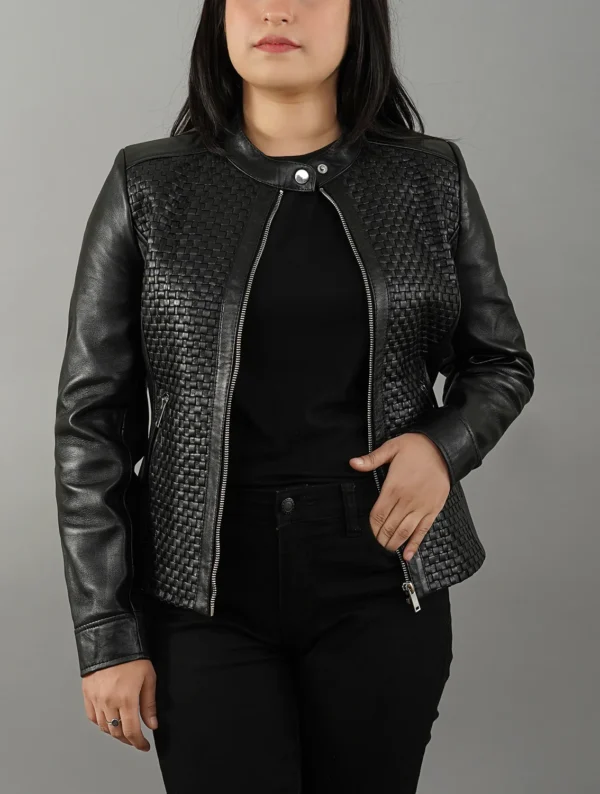 Womens Quilted Patterned Black Real Sheepskin Leather Jacket