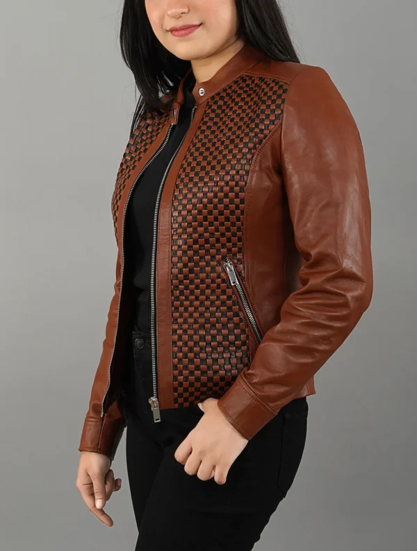 Womens Quilted Patterned Brown Real Sheepskin Leather Jacket