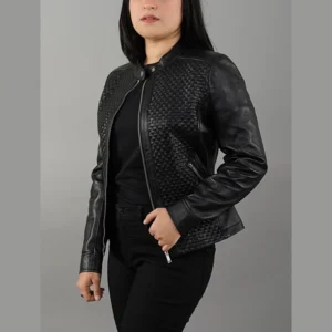 Womens Quilted Patterned Black Real Sheepskin Leather Jacket