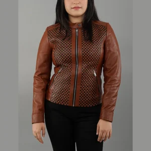 Womens Quilted Patterned Brown Real Sheepskin Leather Jacket
