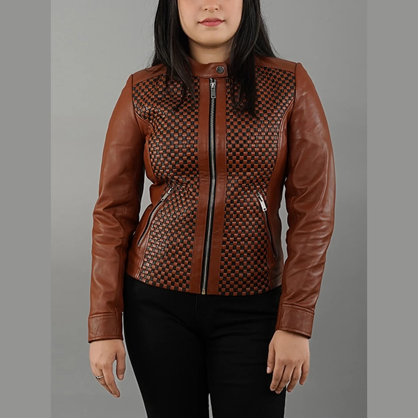 Womens Quilted Patterned Brown Real Sheepskin Leather Jacket