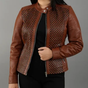 Womens Quilted Patterned Brown Real Sheepskin Leather Jacket