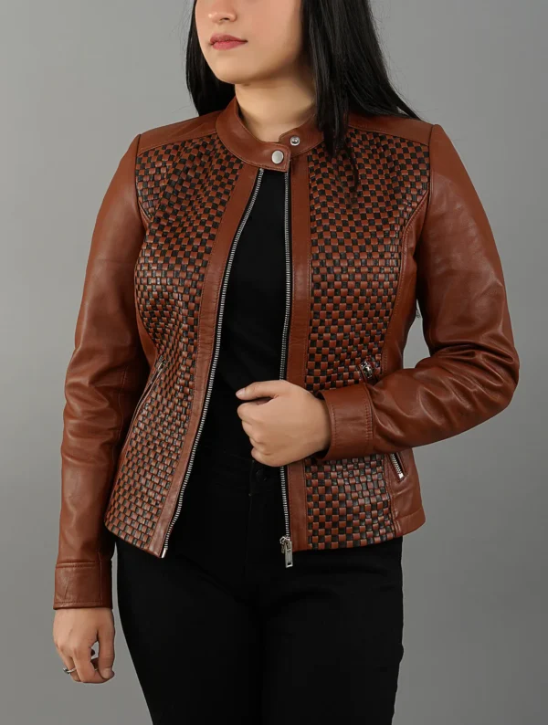Womens Quilted Patterned Brown Real Sheepskin Leather Jacket
