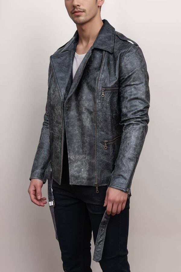 Men’s Vintage Style Distressed Black Leather Biker Jacket