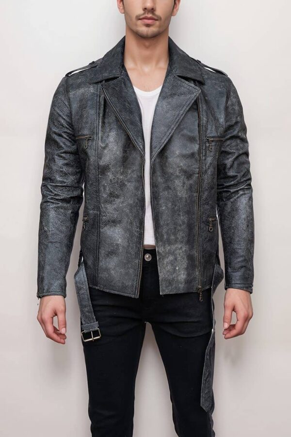 Men’s Vintage Style Distressed Black Leather Biker Jacket