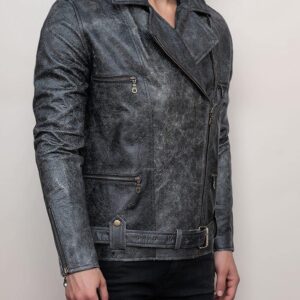 Men’s Vintage Style Distressed Black Leather Biker Jacket