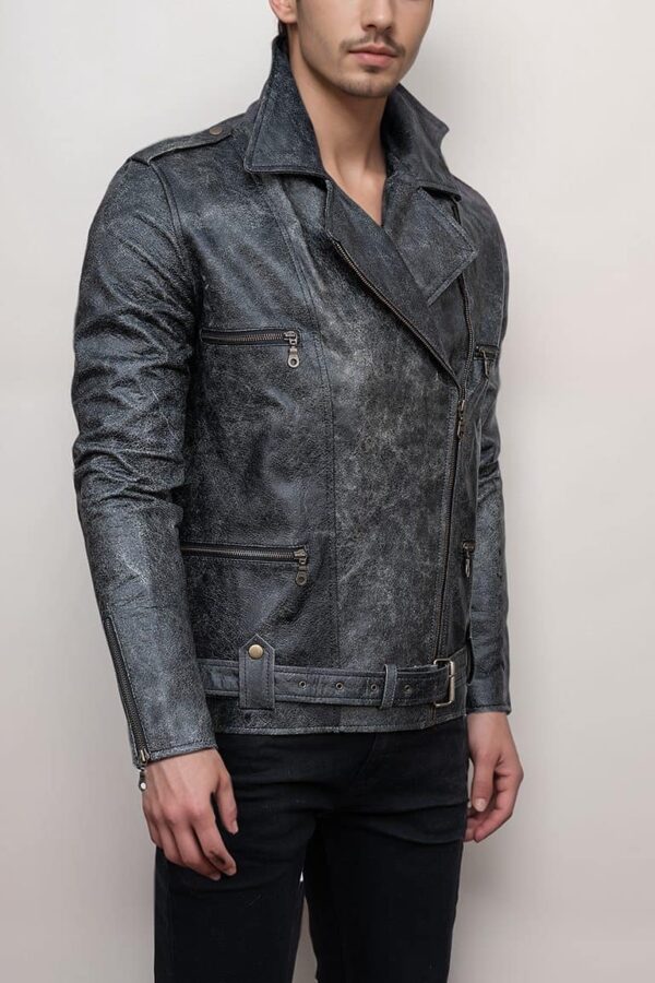 Men’s Vintage Style Distressed Black Leather Biker Jacket