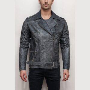 Men’s Vintage Style Distressed Black Leather Biker Jacket