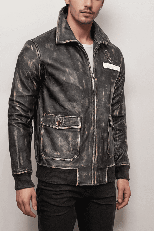 Men’s Distressed Vintage Bomber Leather Jacket - Image 2