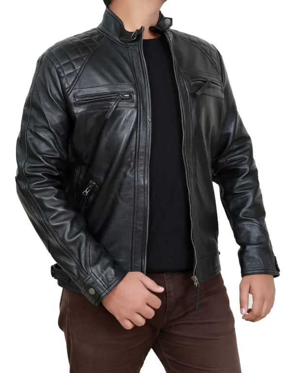 Mens Black Biker Quilted Lambskin Leather Beckham Inspired Motorcycle Leather Jacket
