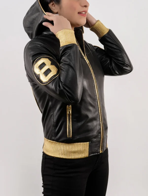 Handmade 8 Ball David Puddy Inspired Black and Golden Bomber Leather Jacket