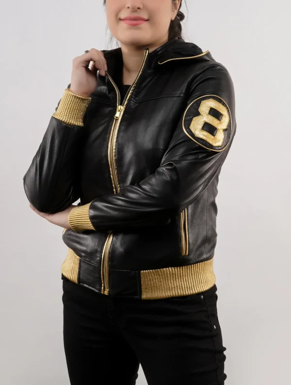 Handmade 8 Ball David Puddy Inspired Black and Golden Bomber Leather Jacket