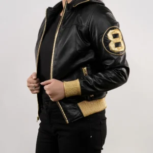 Handmade 8 Ball David Puddy Inspired Black and Golden Bomber Leather Jacket