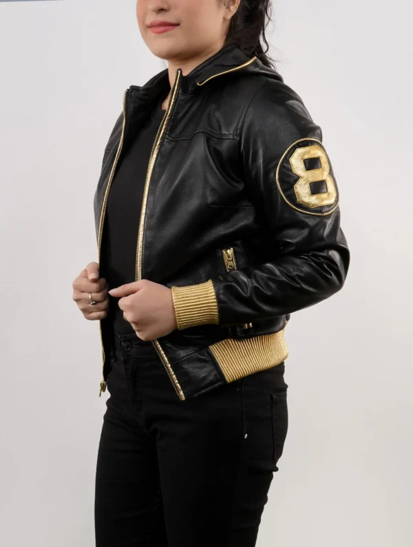 Handmade 8 Ball David Puddy Inspired Black and Golden Bomber Leather Jacket