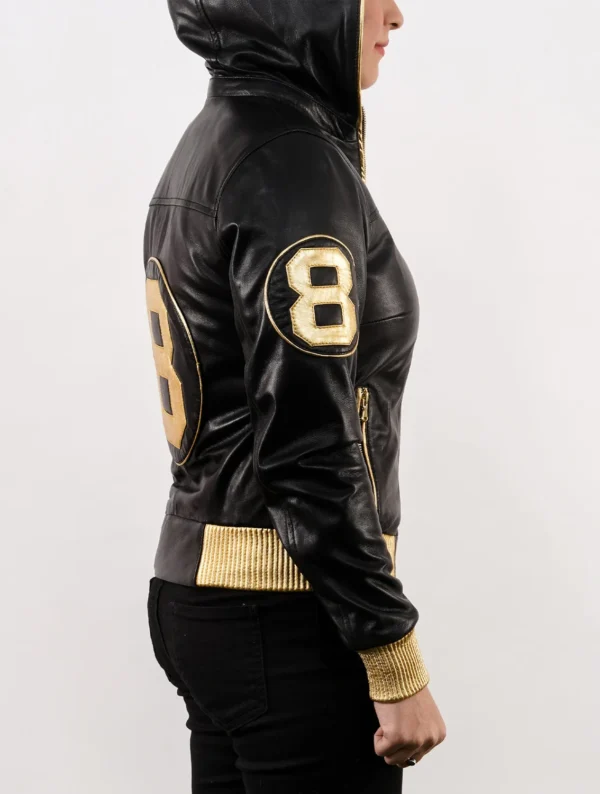Handmade 8 Ball David Puddy Inspired Black and Golden Bomber Leather Jacket