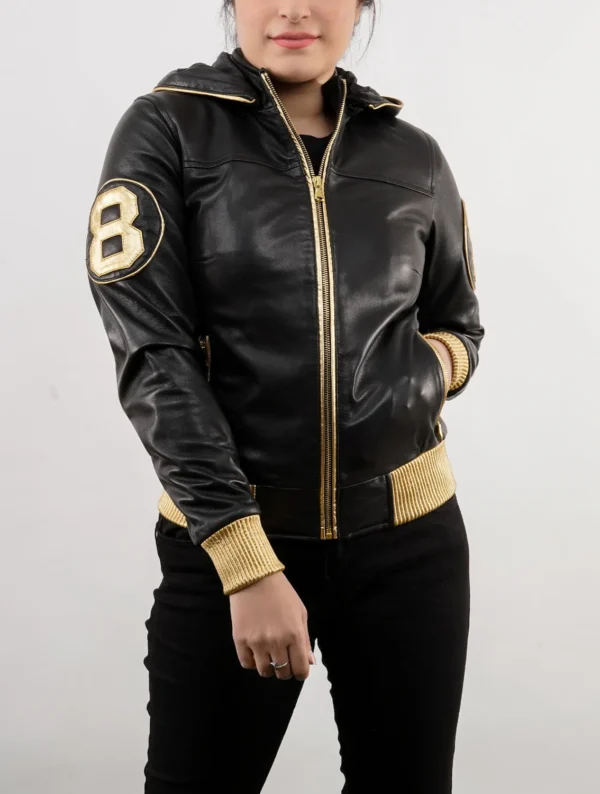 Handmade 8 Ball David Puddy Inspired Black and Golden Bomber Leather Jacket
