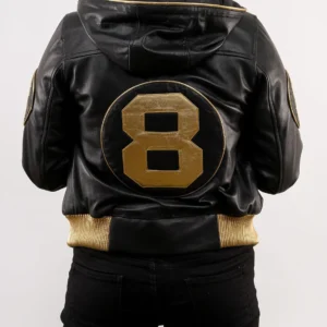 Handmade 8 Ball David Puddy Inspired Black and Golden Bomber Leather Jacket