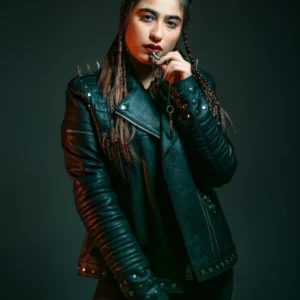 Womens Gang Snack Logo Patch Black Leather Jacket