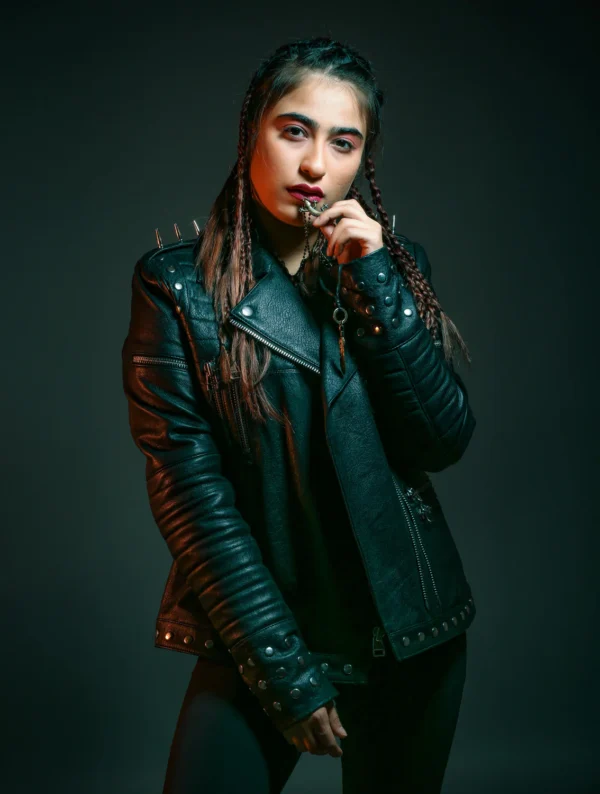 Womens Gang Snack Logo Patch Black Leather Jacket
