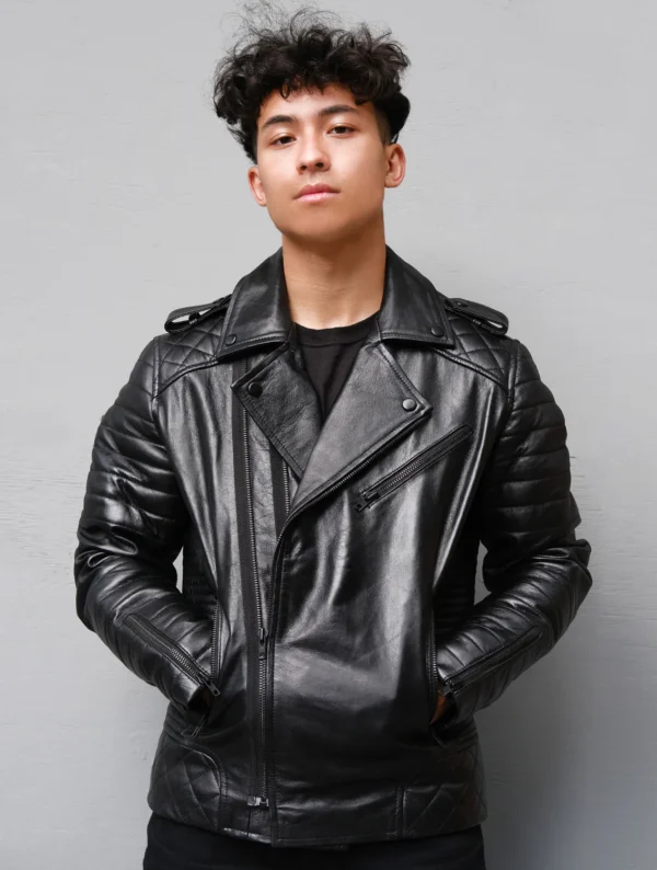 Mens Bekham Style Biker Motorcycle Quilted Black Leather Jacket