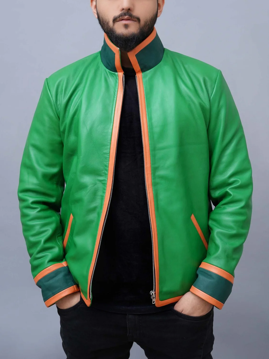 Mens Handmade Freecss Inspired Green Cosplay Real Leather Jacket