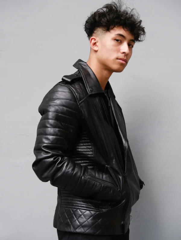 Mens Bekham Style Biker Motorcycle Quilted Black Leather Jacke