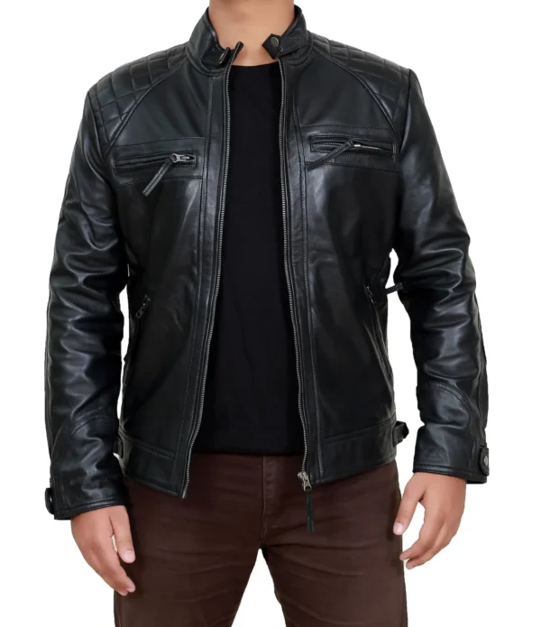 Mens Black Biker Quilted Lambskin Leather Beckham Inspired Motorcycle Leather Jacket