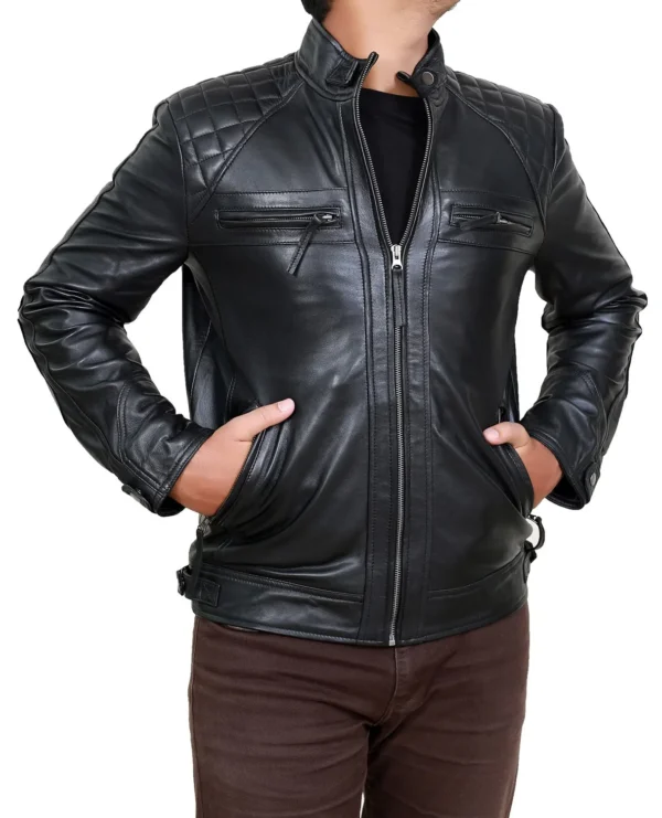 Mens Black Biker Quilted Lambskin Leather Beckham Inspired Motorcycle Leather Jacket