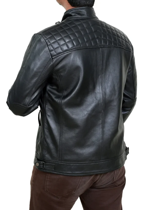 Mens Black Biker Quilted Lambskin Leather Beckham Inspired Motorcycle Leather Jacket