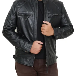 Mens Black Biker Quilted Lambskin Leather Beckham Inspired Motorcycle Leather Jacket