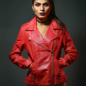 Womens Serpents Alligator Patch Cheryl Bikers Red Leather Jacket