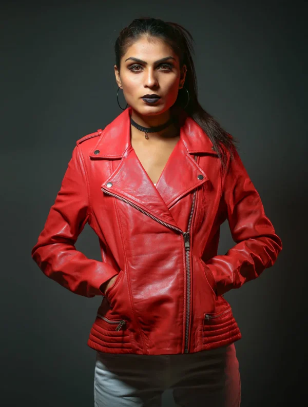 Womens Serpents Alligator Patch Cheryl Bikers Red Leather Jacket