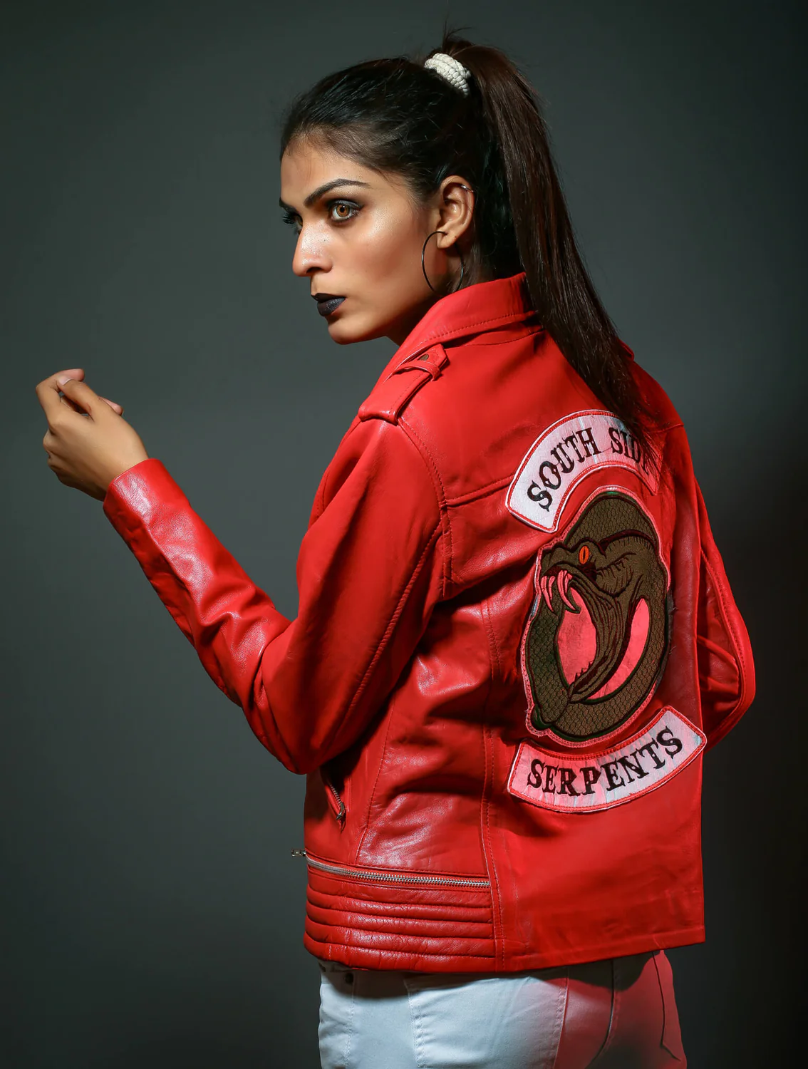 Womens Serpents Alligator Patch Cheryl Bikers Red Leather Jacket