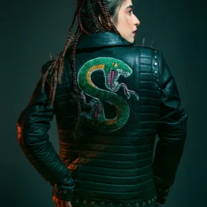 Womens Gang Snack Logo Patch Black Leather Jacket