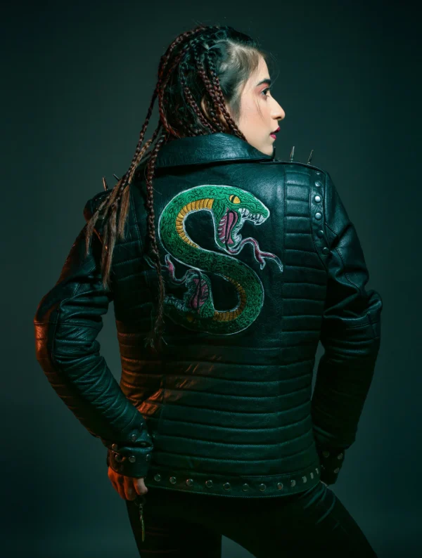 Womens Gang Snack Logo Patch Black Leather Jacket