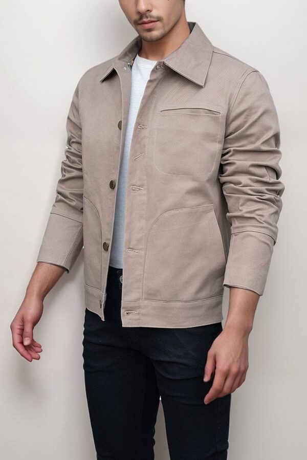 Beige Cotton Jacket Button Closure Minimal Design