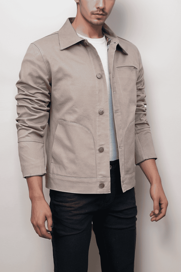Beige Cotton Jacket Button Closure Minimal Design