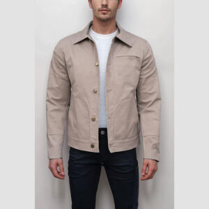 Beige Cotton Jacket Button Closure Minimal Design