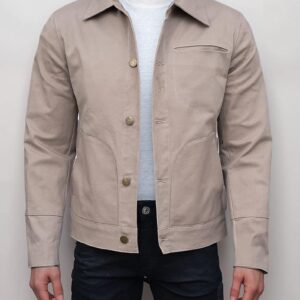 Beige Cotton Jacket Button Closure Minimal Design