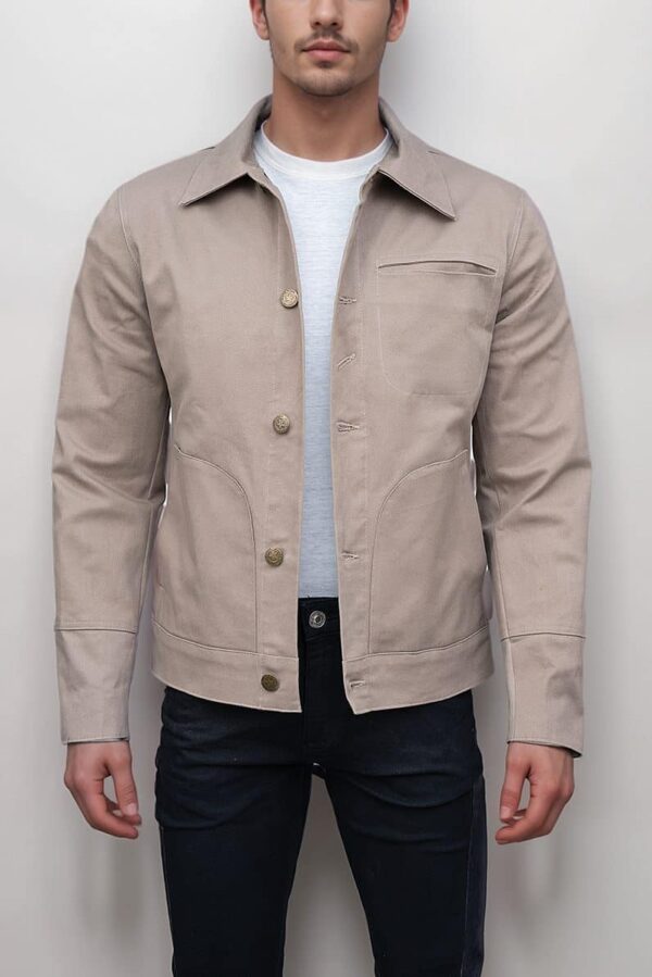 Beige Cotton Jacket Button Closure Minimal Design