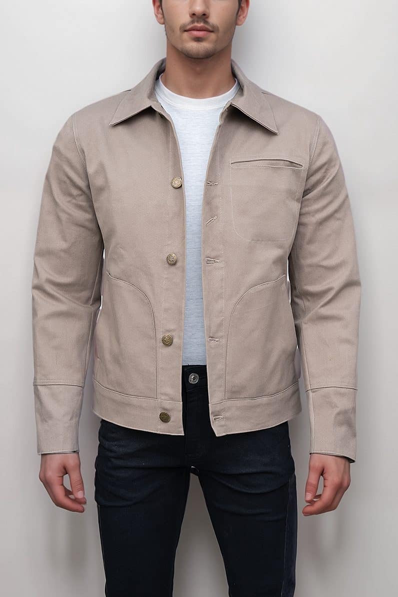 Beige Cotton Jacket Button Closure Minimal Design