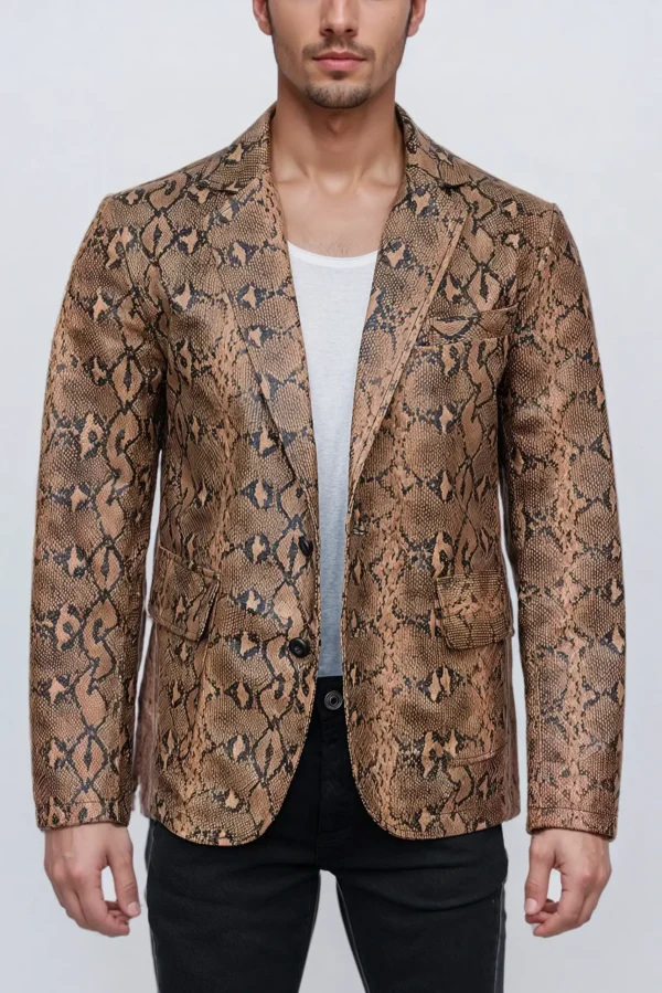 Men Classic Print Snake Skin Leather Blazer Sport Coat Jacket