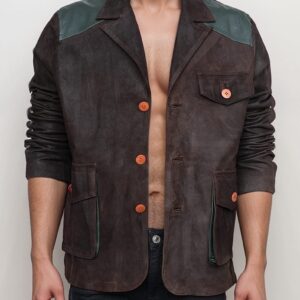Men’s Brown Suede Jacket with Unique Green Accents
